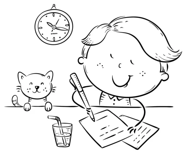 Pojken skriver ett brev eller gör läxor vid skrivbordet — Stock vektor