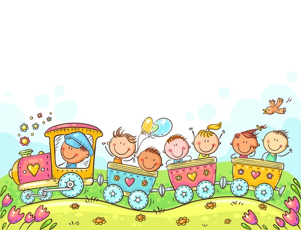 Happy Kids voyageant en train, illustration vectorielle colorée — Image vectorielle