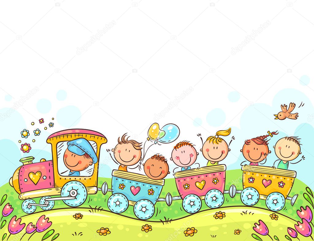 Happy Kids travelling by train, colorful vector illustration