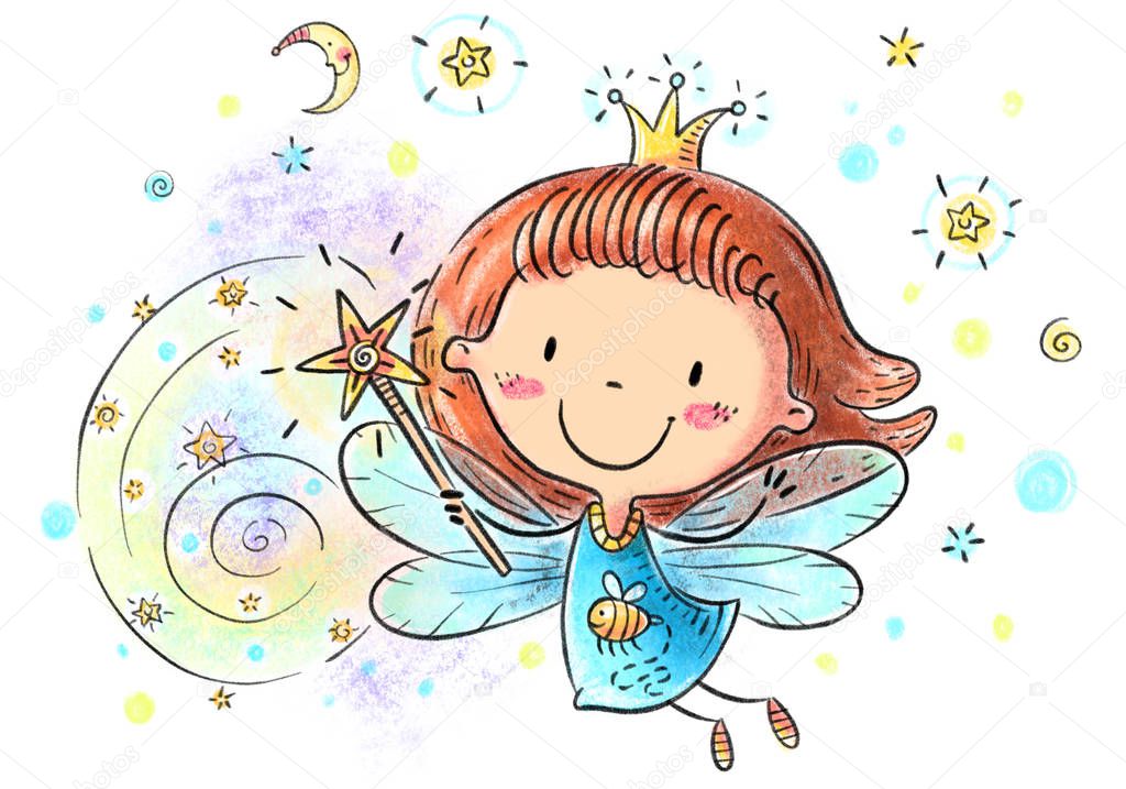 Little cartoon fairy with a magic wand