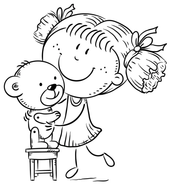 Niña jugando con un oso de peluche, dibujo de dibujos animados — Vector de stock