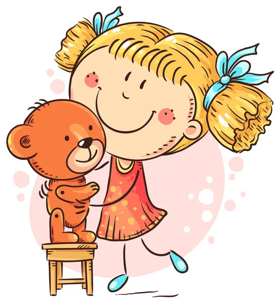 Niña jugando con un oso de peluche, dibujo de dibujos animados — Vector de stock