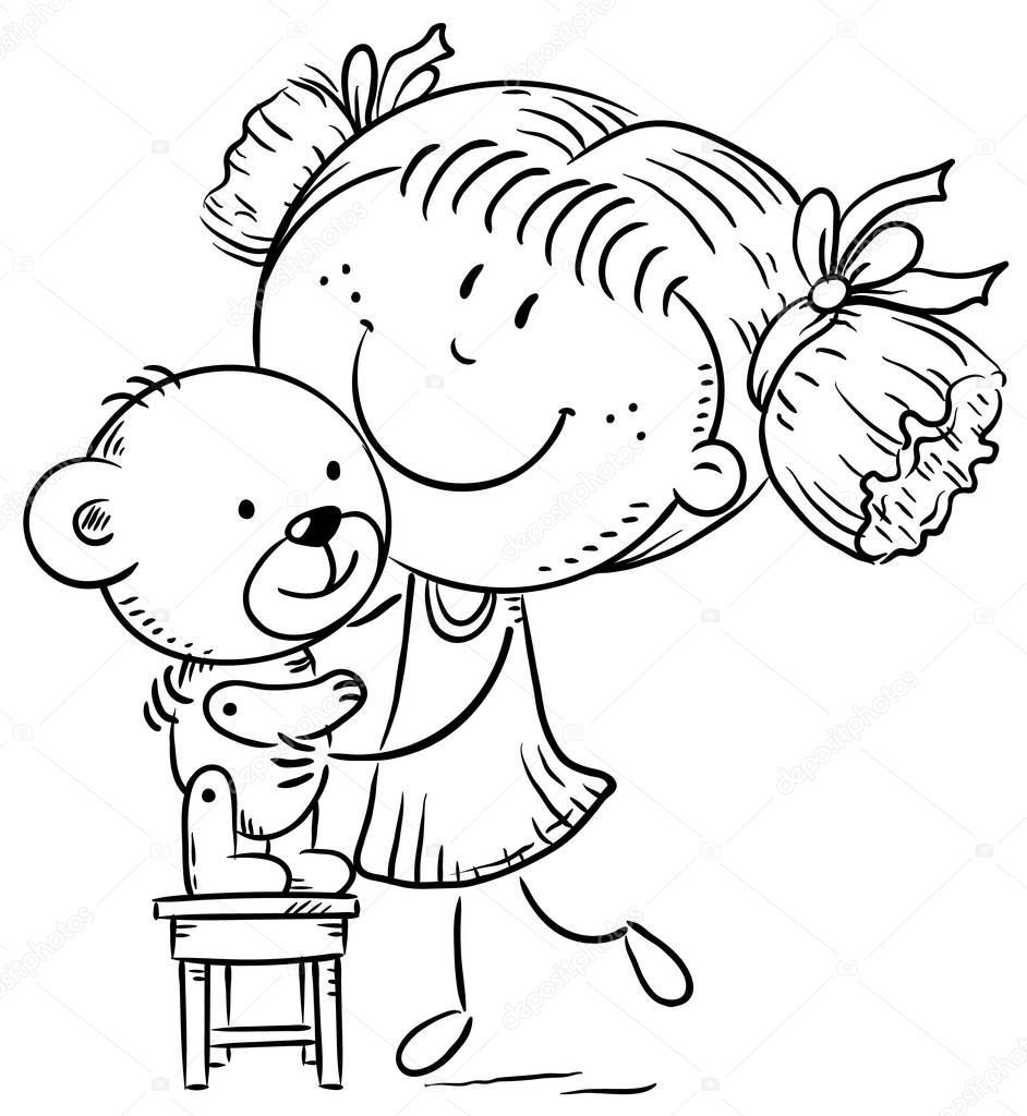 Little girl playing with a teddy bear, cartoon drawing