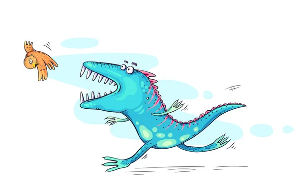 Monster eller dinosaurie fånga en fågel, rolig tecknad illustration — Stock vektor