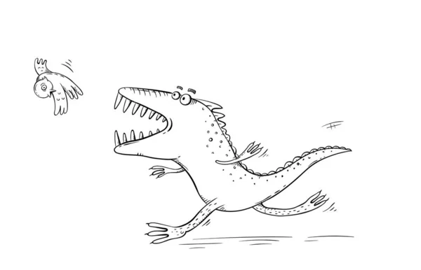 Monster eller dinosaurie fånga en fågel, rolig tecknad illustration — Stock vektor