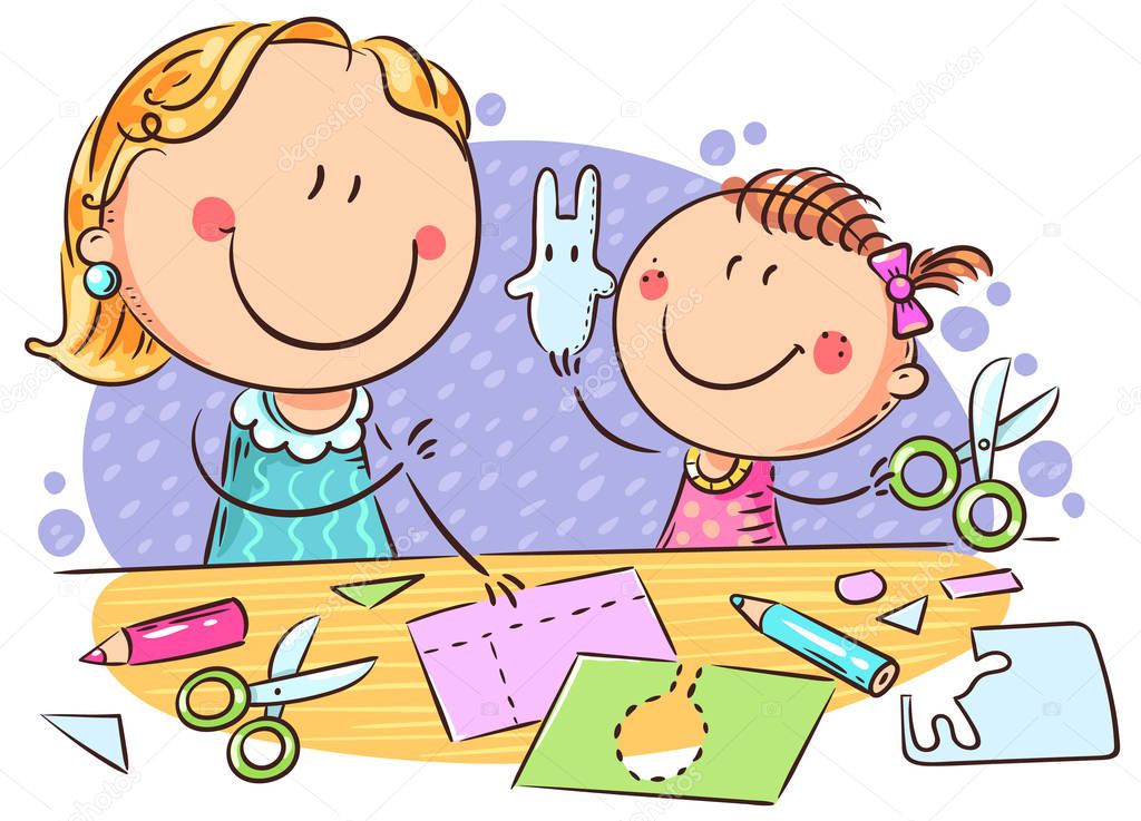 Mother or teacher and a little girl enjoy crafting together