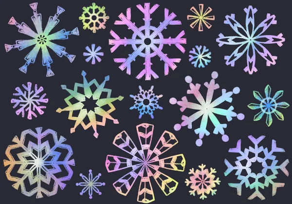 Zestaw kolorowych rysunków pastelowych płatków śniegu, clipart — Zdjęcie stockowe