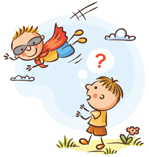 Child is surprised to see his friend as superhero — Stock Vector