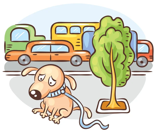 A dog is lost in a busy city street — Stock Vector