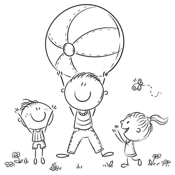 Happy father playing ball with his kids, outline illustration — ストックベクタ