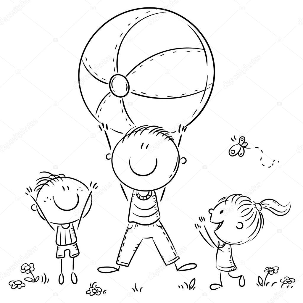 Happy father playing ball with his kids, outline illustration