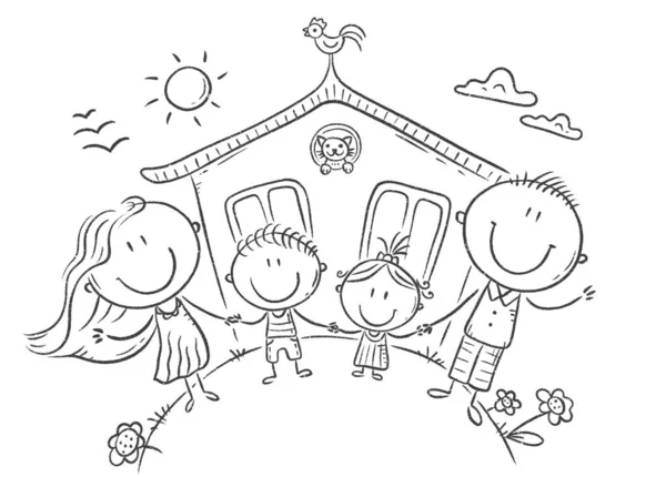 Glückliche Familie mit zwei Kindern in der Nähe ihres Hauses, Skizzenzeichnung — Stockfoto