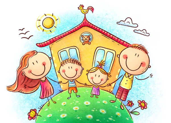 Счастливая семья с двумя детьми рядом с домом, рисует на асфальте — стоковое фото