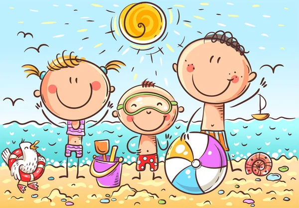Niños felices en la playa, dibujo de garabatos, vector — Vector de stock