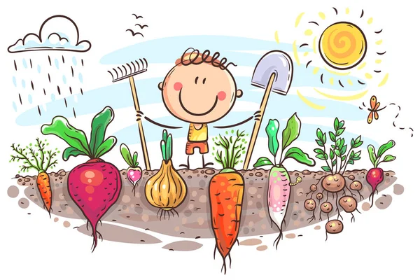 Happy farmer has grown a lot of vegetables — Stock Vector