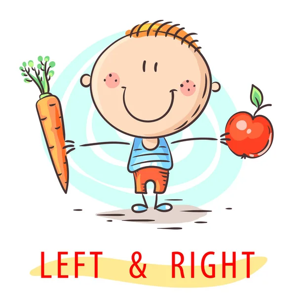 Enfant apprenant à gauche et à droite tenant différents objets — Image vectorielle