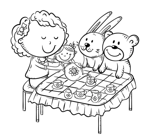 Chica está jugando con sus juguetes haciendo fiesta de té en la mesa con tazas pequeñas y una tetera — Vector de stock