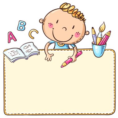 Şirin bir okul çocuğuyla boş çerçeve ve kopyalama alanı