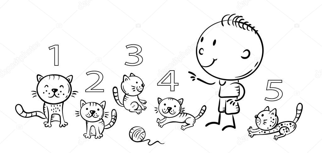 Child counting cats and learning numbers, outline illustration