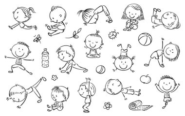 Yoga kids set, vector cliparts, doodle drawings