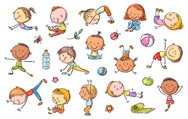 Yoga kids set, vector cliparts, doodle drawings