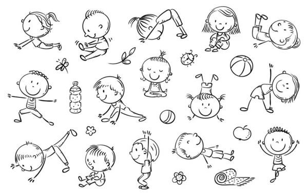 Set di bambini di yoga, clipart vettoriali, disegni scarabocchi — Vettoriale Stock