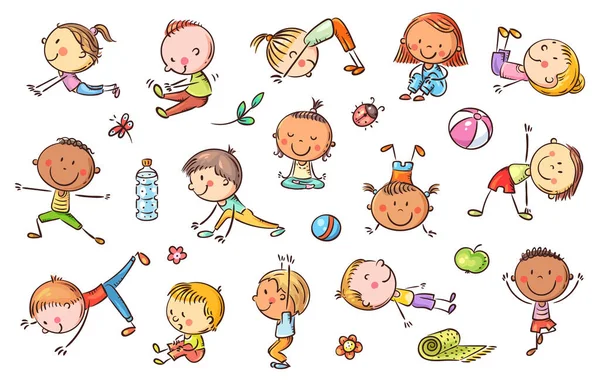 Conjunto de niños de yoga, cliparts vectoriales, dibujos de garabatos — Archivo Imágenes Vectoriales