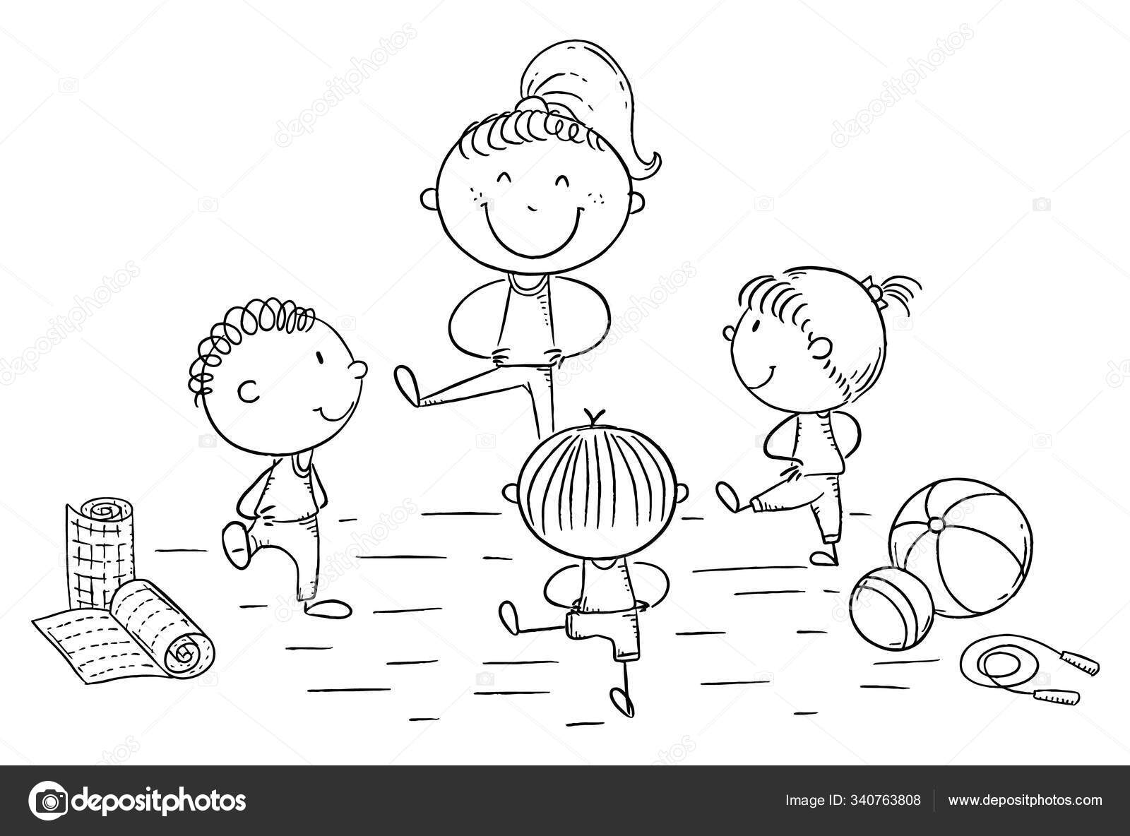 Image vectorielle Enseignant et enfants faisant du yoga ou de la gymnastique  par ©Katerina_Dav - 340763808, image size:1600x1184