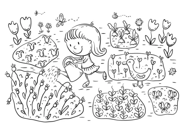 Niños regando flores y verduras en el jardín — Vector de stock