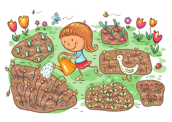 Child watering flowers and vegetables in the garden — Stock Vector