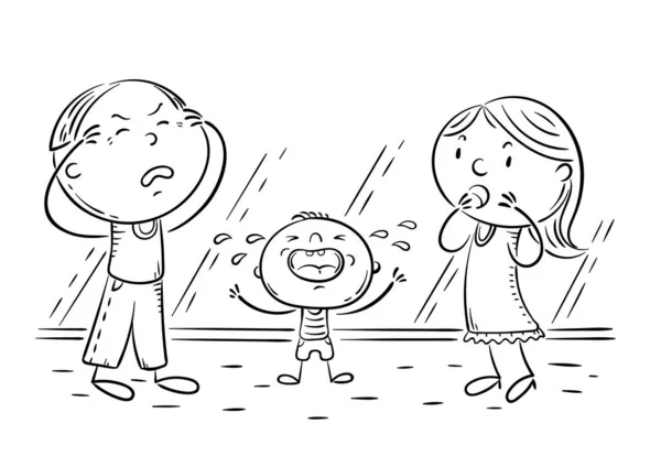 Ребенок плачет и родители в панике, черно-белые иллюстрации — стоковый вектор