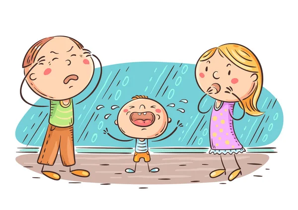 Kid is crying and parents in panic — Stock Vector