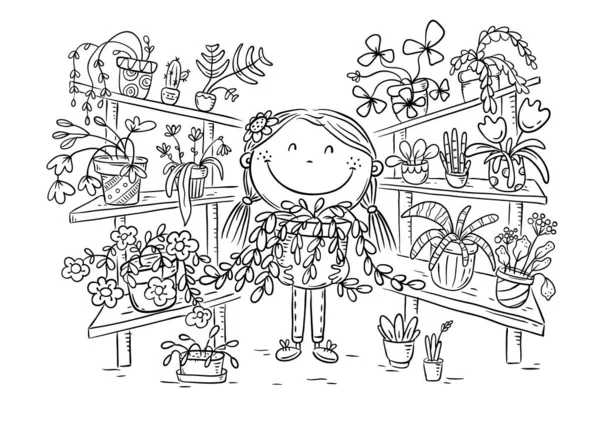 Girl in the greenhouse with her plant collection — Stock Vector