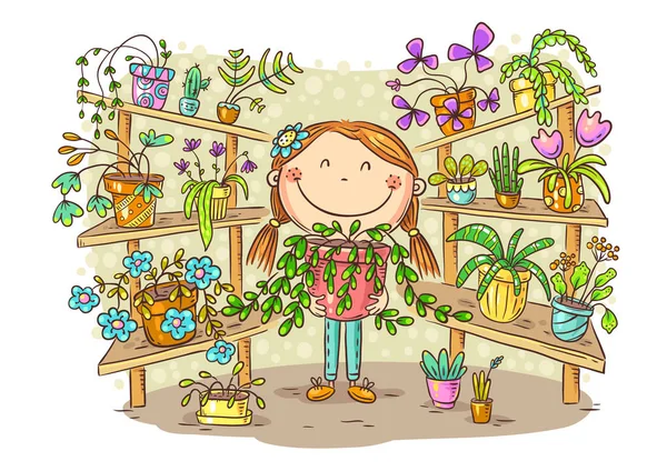 Menina na estufa com sua coleção de plantas — Vetor de Stock