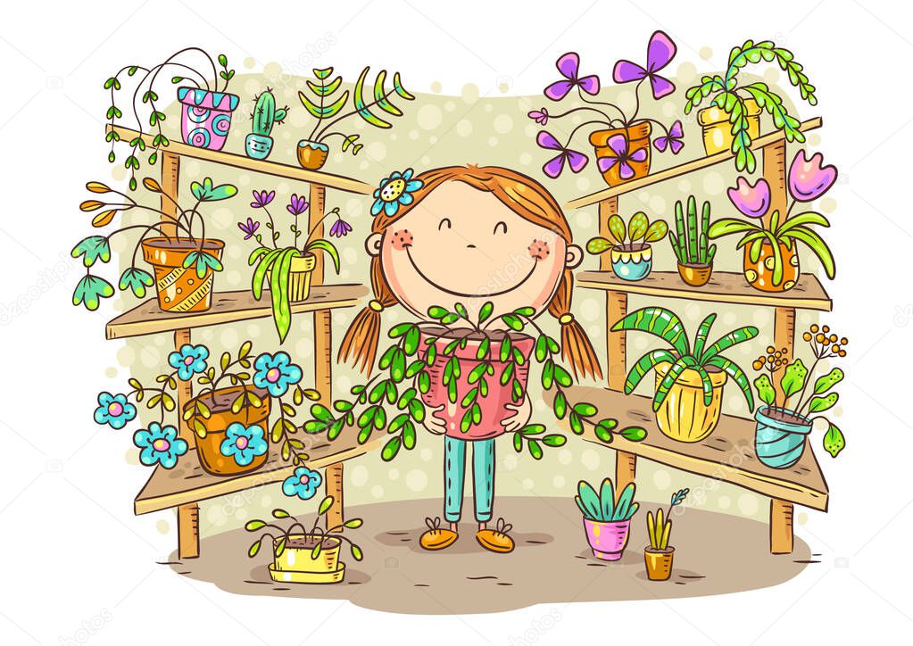 Girl in the greenhouse with her plant collection