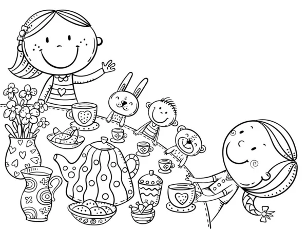 Little girls drinking tea at the table and playing with their toys — Stock Vector