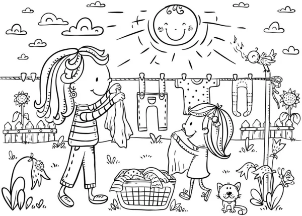 Petite fille aidant sa mère à traîner le linge à l'extérieur un jour d'été, vecteur contour — Image vectorielle