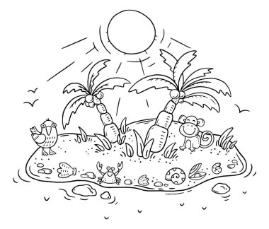 Palmiyeleri ve hayvanları olan küçük bir tropik ada.