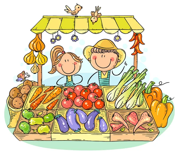 Farmers selling organic vegetables at the market — Stock Vector