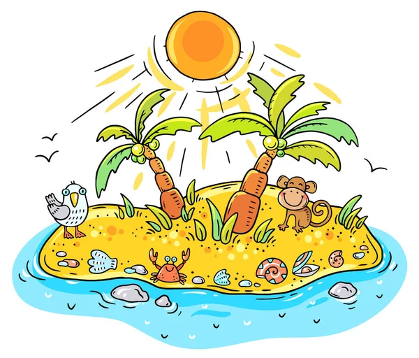Malý kreslený tropický ostrov s palmami a zvířaty — Stockový vektor