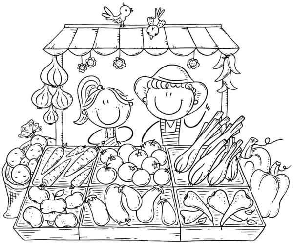 Фермеры Продающие Органические Овощи Рынке Раскраска Страницы — стоковый вектор