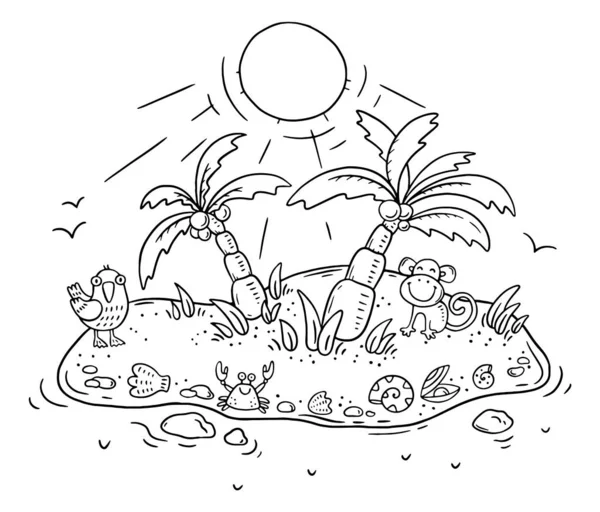 Pequeña isla tropical de dibujos animados con palmeras y animales — Vector de stock