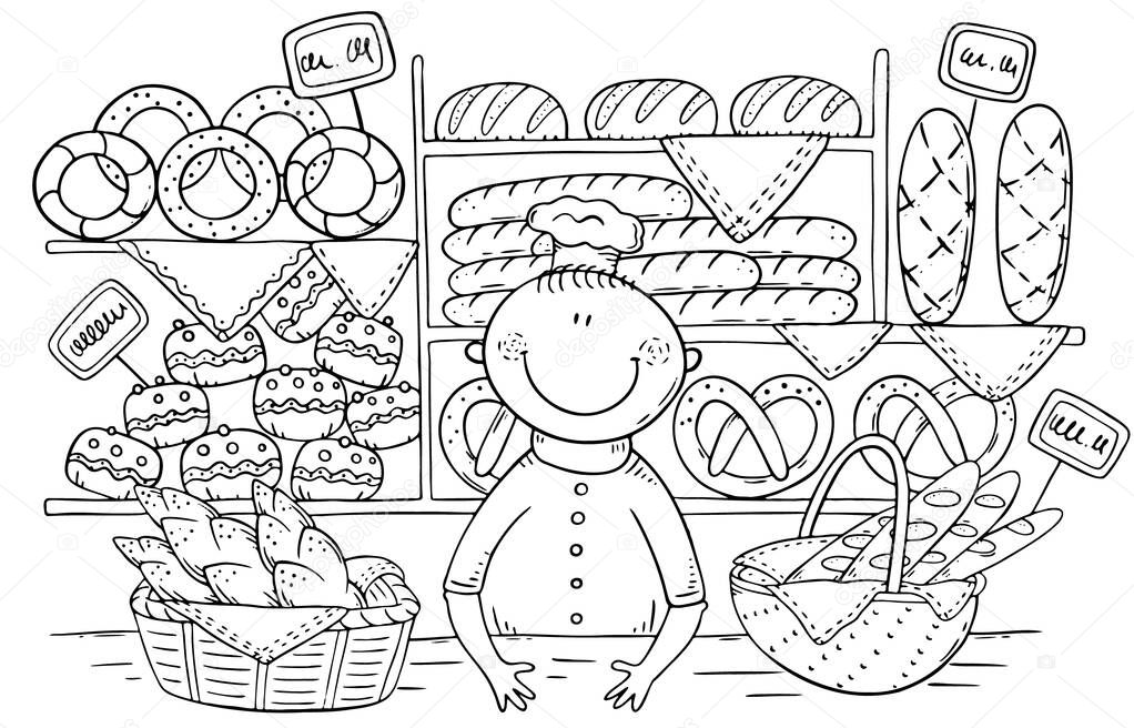 Cartoon baker selling bread and buns at the bakery