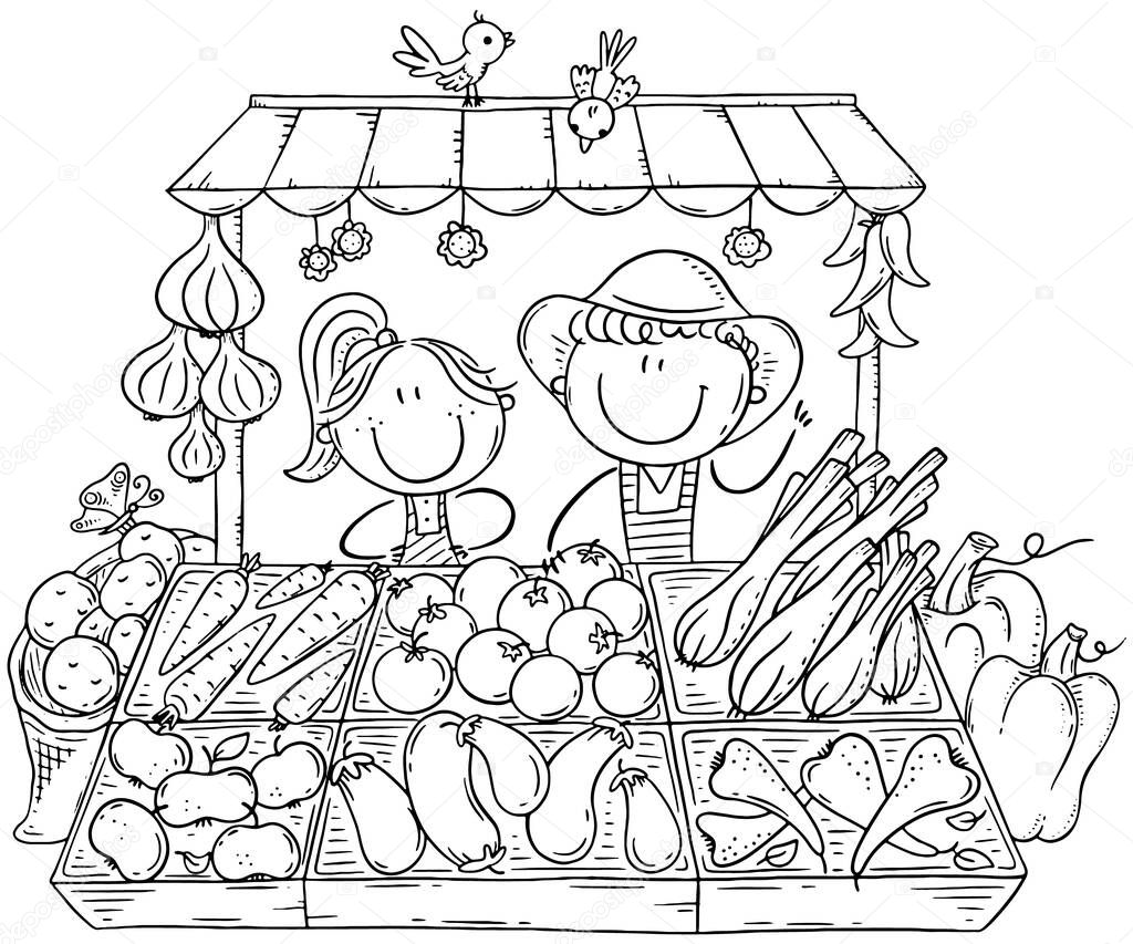 Farmers selling organic vegetables at the market, coloring page
