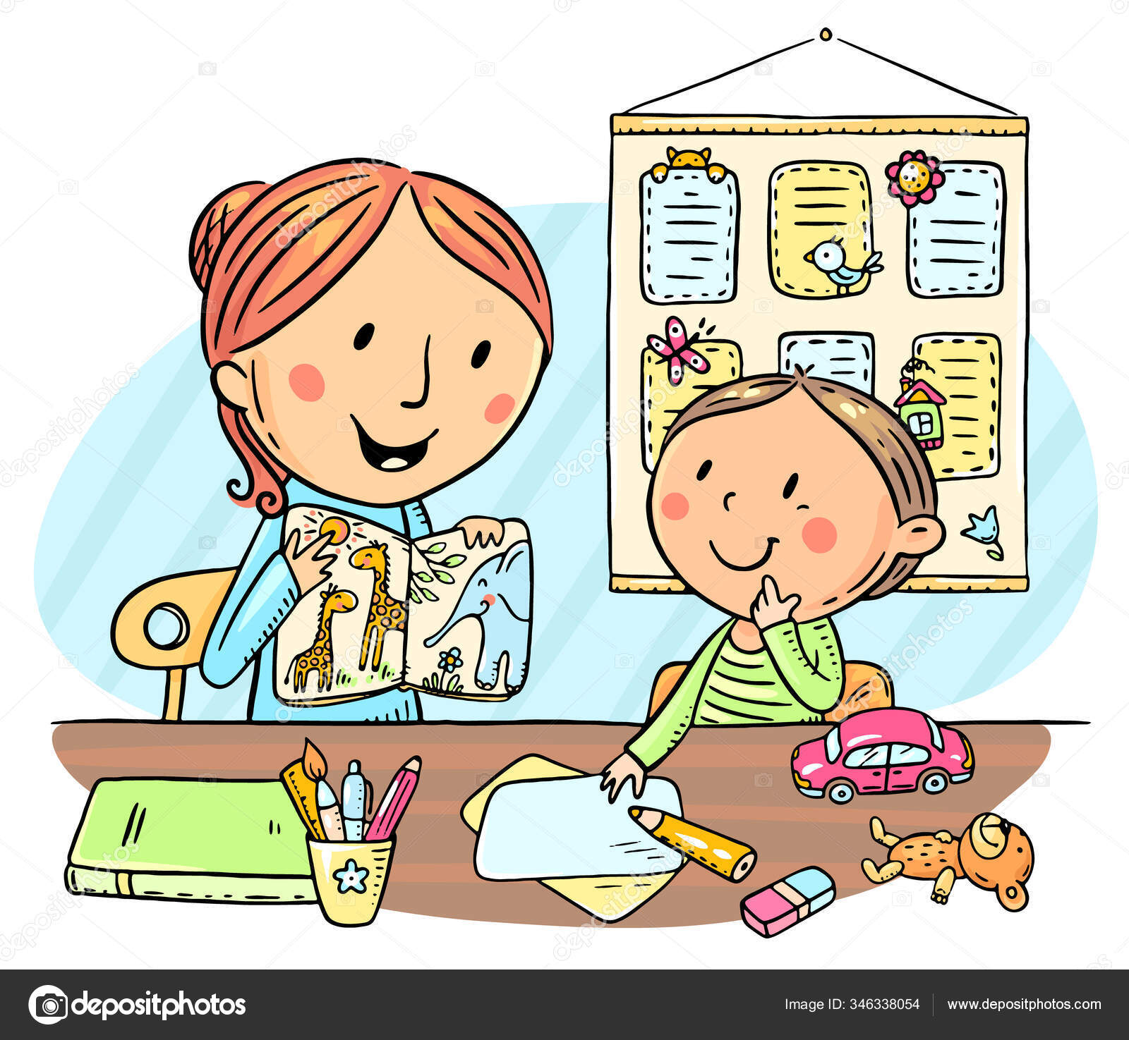 Dziecko Nauczyciel Lub Matka Czytające Razem Książkę Opisujące Zdjęcia Lekcja — Wektor stockowy