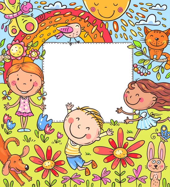 Cartoon Frame Met Gelukkige Kinderen Een Lege Ruimte Kleurrijke Illustratie — Stockvector