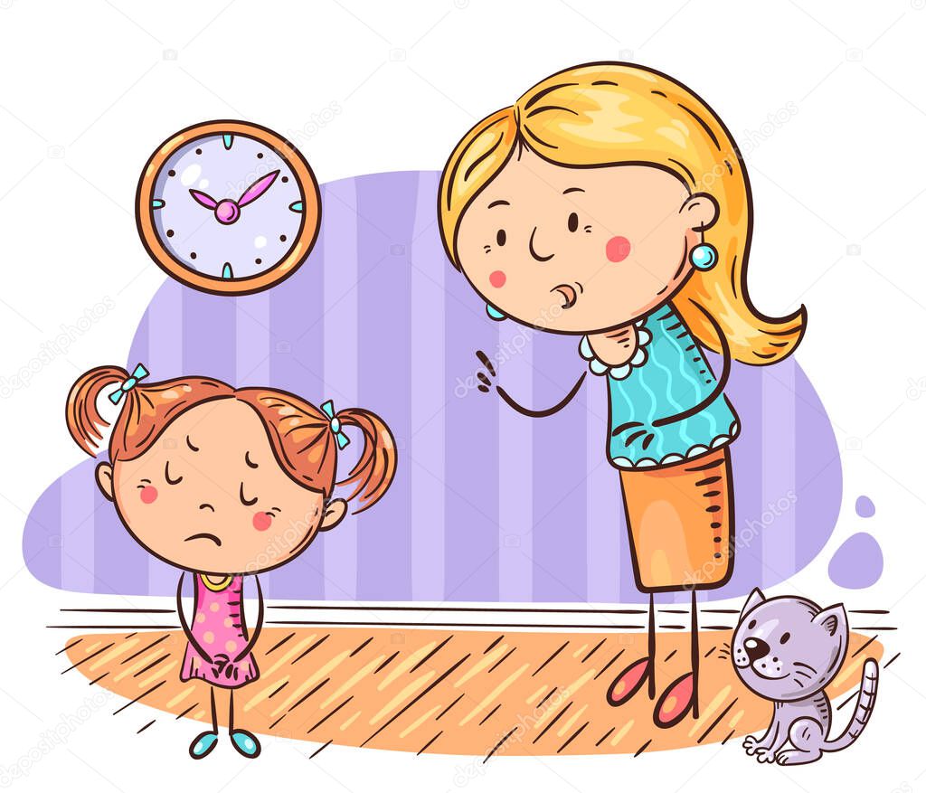 Mother scolding her upset daughter, vector cartoon illustration