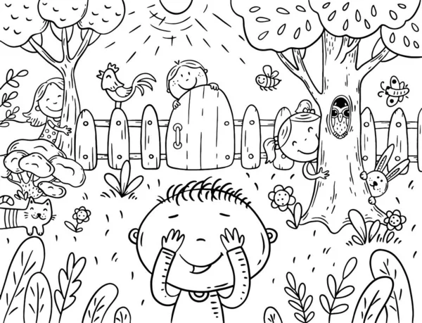 Niños de dibujos animados jugando al escondite en el jardín, página para colorear — Vector de stock