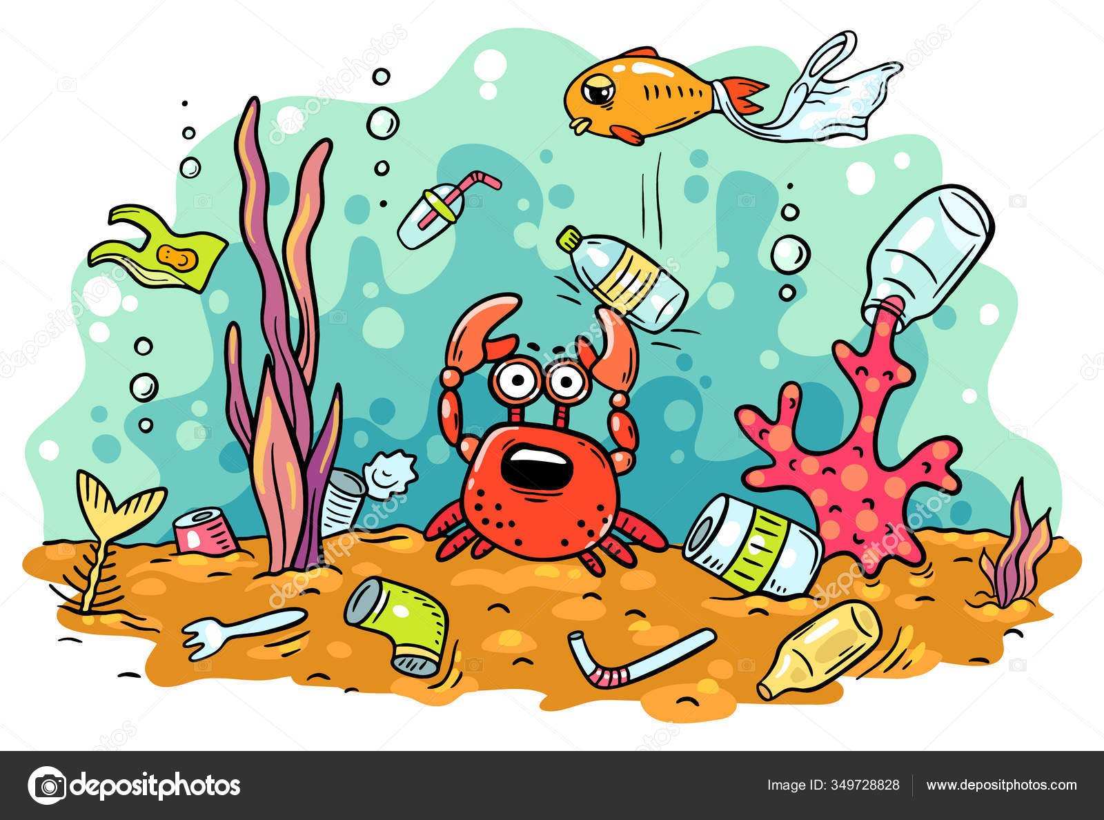 海の動物は、プラスチック、生態系、環境の概念で海洋汚染に苦しんでいます ストックベクター ©Katerina_Dav 349728828, image size:1600x1188
