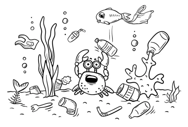 Sea animals suffer from ocean pollution with plastics, ecology and environment concept, coloring page — Stock Vector